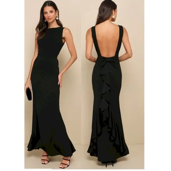 Lulus Exquisite Refinement Black Backless Bow Ruffled Maxi Dress Lulus XS NWT - Picture 1 of 8